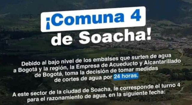 Este domingo habrá racionamiento de agua en Soacha, conozca los barrios afectados