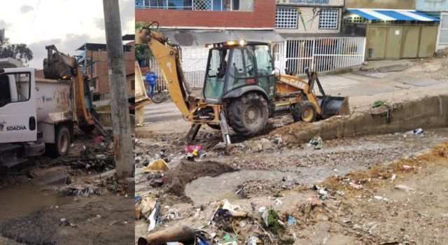 Con maquinaria amarilla se levantó sedimento en las vías de Soacha por fuertes lluvias