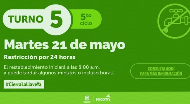 Racionamiento de agua este 21 de mayo en Bogotá