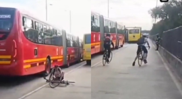 Bus de Transmilenio por poco arrolla a dos ciclistas en Soacha
