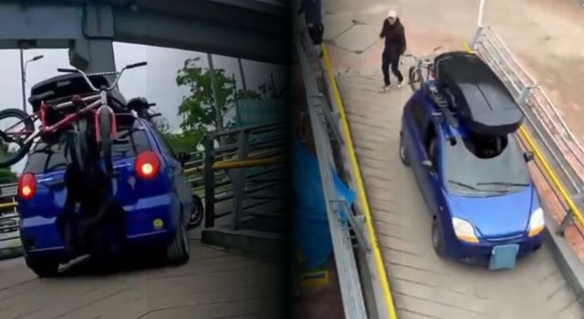 ¿Reconoce este carro? Movilidad busca al conductor que manejó por un puente peatonal en Bogotá